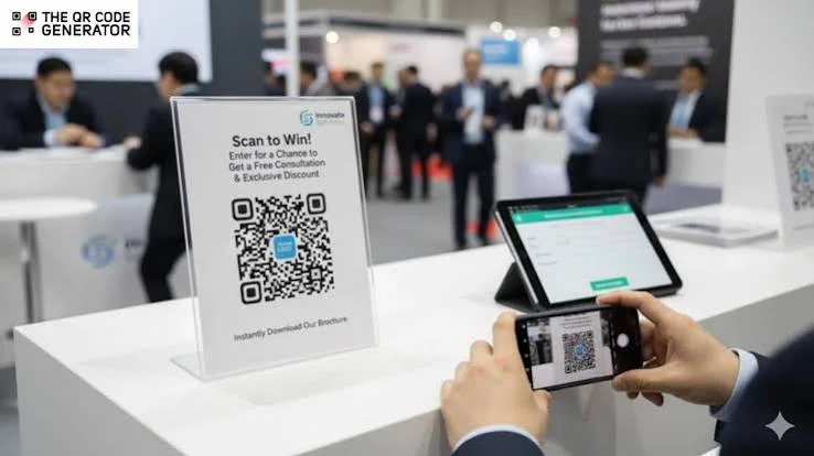 Visitor scanning a QR code on a sign at an exhibition counter with a tablet beside it